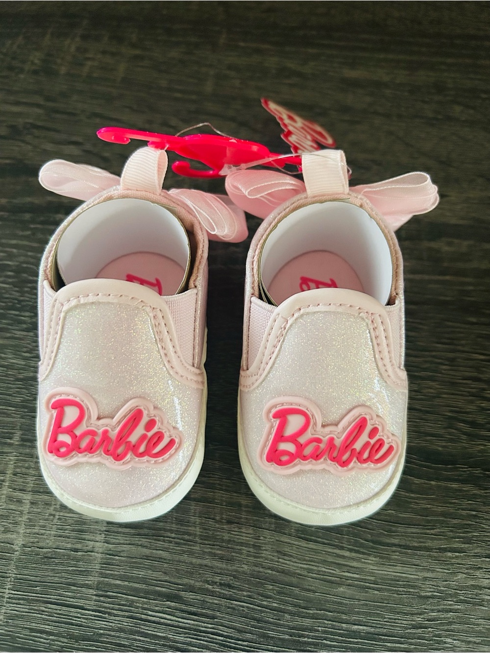 Barbie Pink Glitter Baby Slip-Ons with Bow and Logo